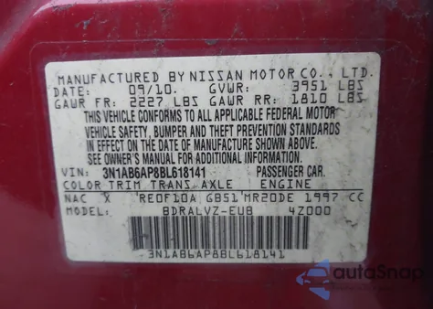 2011 Nissan Sentra 2.0Sl z USA, uszkodzony, nr VIN 3N1AB6AP8BL618141